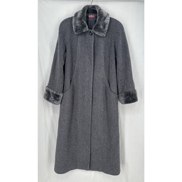 Vintage Coat Womens 12 Gray Wool Long Trench Overcoat Faux Fur Trim Pockets - Picture 1 of 6